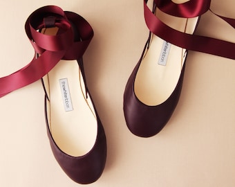 Bordeaux Ballet Flats, Bridal Shoes, Dark Berry Red Mary Janes with Satin Ribbons & Ankle Straps・Luna in Bordeaux