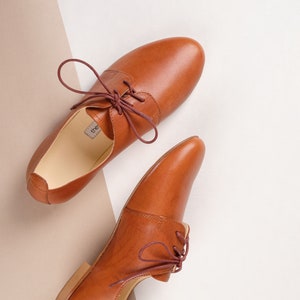 Brown Leather Saddle Shoes, Tan Derby Shoes, Oxford Flats, Low Heel Flats・Amira in Cognac Brown