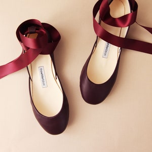 Bordeaux Ballet Flats, Bridal Shoes, Dark Berry Red Mary Janes with Satin Ribbons & Ankle Straps・Luna in Bordeaux