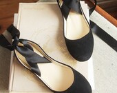 Black Ballet Flats with Satin Ribbons, Elegant Lace-Up Flats, Balletcore Shoes・Sienna in Black Nubuck