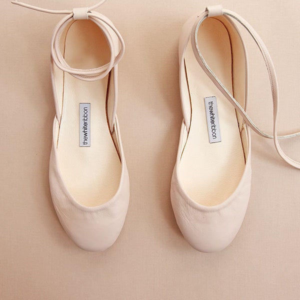 The Bridal Ballet Flats in Almond Blossom | Bridesmaids Shoes in Light Powder Blush | Almond Blossom with Leather Ribbons | Ready To Ship