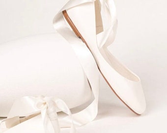 Ivory bridal ballet flats with long satin ribbons・Sienna in Light Ivory