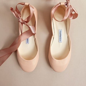 Ballet Flats in Peach Blush, Mary Janes with Satin Ribbons & Ankle Straps・Luna in Peach
