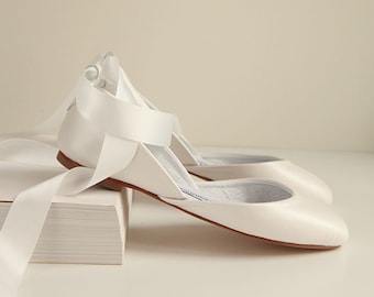 Ivory Wedding Ballet Flats, Shoes for Brides, Bridal Mary Janes with Satin Ribbons & Ankle Atraps・Luna in Pearl Ivory