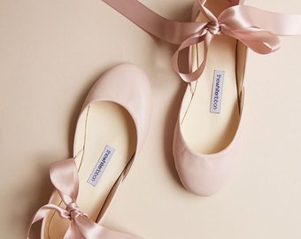 Blush Bridal Ballet Flats, Ballerina Style Wedding Shoes, Pumps with Satin Ribbons & Ankle Straps・Luna in Blush