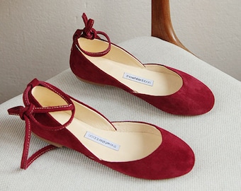 Red Ballet Flats, Berry Red Shoes, Ballerina Pumps with Long Leather Ribbons・Avia in Cherry Red