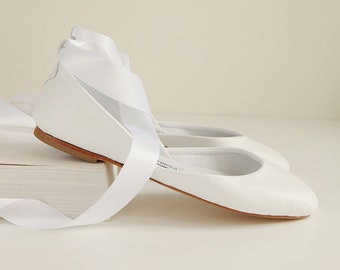 White Satin Lace Wedding Shoes, Lace Up Bridal Ballet Flats - LUNA - Lilly White