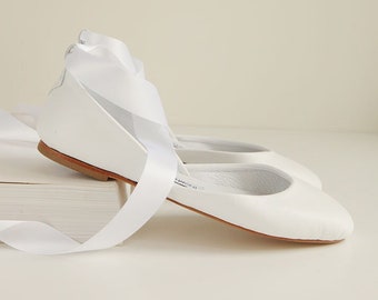 White Satin Lace wedding shoes, lace up bridal ballet flats - LUNA - Lilly White