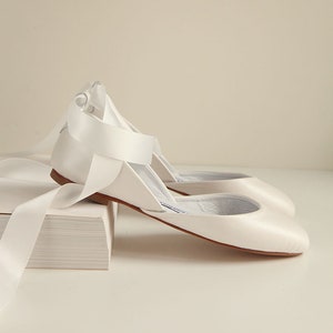 Ivory Wedding Ballet Flats, Shoes for Brides, Bridal Mary Janes with Satin Ribbons & Ankle Atraps・Luna in Pearl Ivory