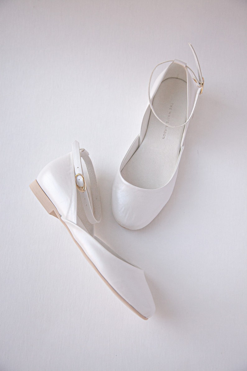 Ivory Wedding Ballet Flats, Shoes for Brides, Bridal Mary Janes with Satin Ribbons & Ankle AtrapsLuna in Pearl Ivory image 9