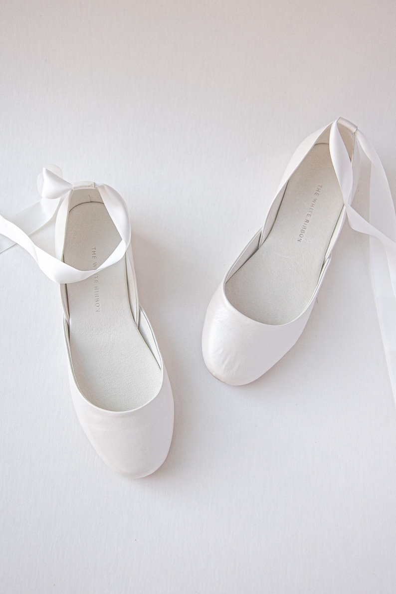 Ivory Wedding Ballet Flats, Shoes for Brides, Bridal Mary Janes with Satin Ribbons & Ankle AtrapsLuna in Pearl Ivory image 6