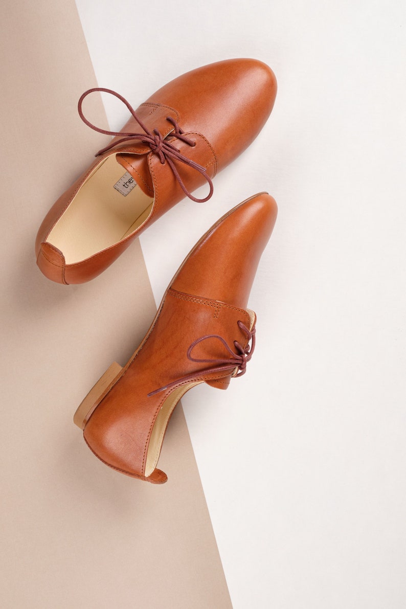 cognac brown smooth leather oxford shoes shown from top and side