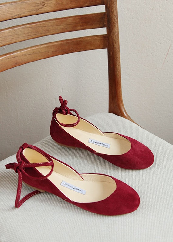 Cherry Red Nubuck Ballet Flats With Long Leather Ribbons | Etsy