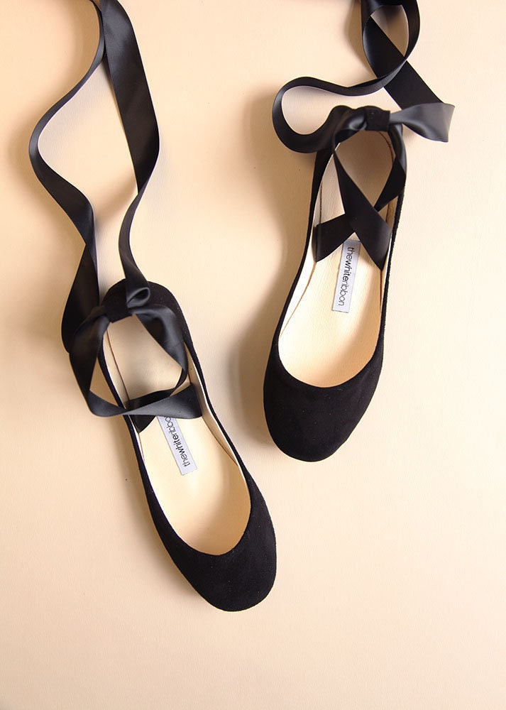 Black Nubuck Bolshoy Style Ballet Flats With Long Lace Up Etsy