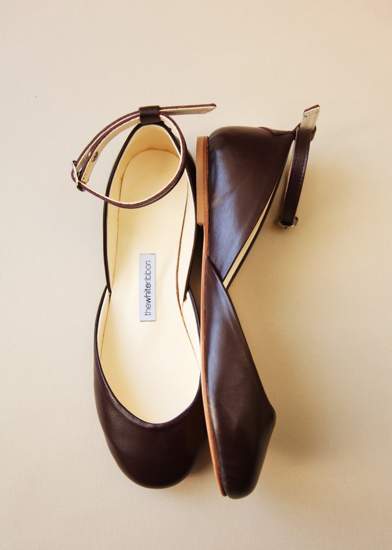 Leather Ballet Flats with Satin Ribbons in Mahogany Etsy
