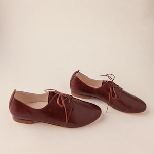 May include: A pair of burgundy leather oxford shoes with a pointed toe and lace-up closure. The shoes have a low heel and a smooth, polished finish, suitable for casual or semi-formal wear.