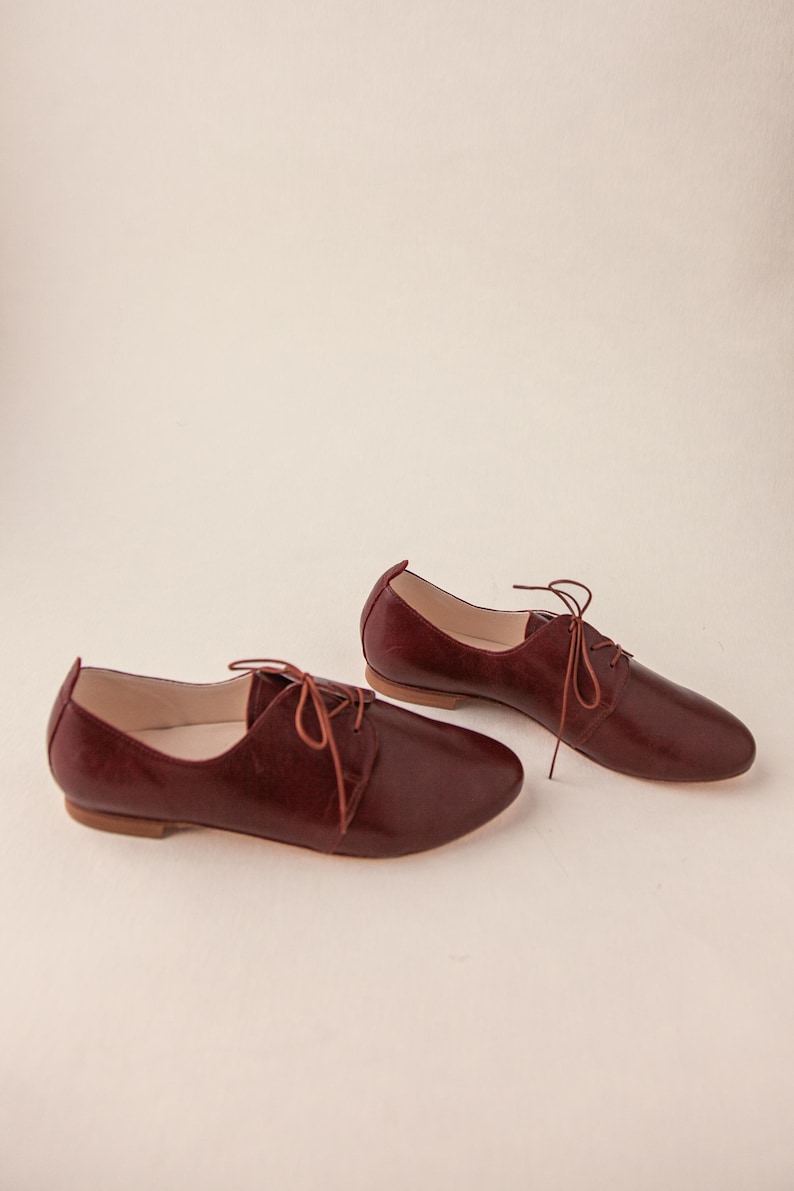 May include: A pair of burgundy leather oxford shoes with a pointed toe and lace-up closure. The shoes have a low heel and a smooth, polished finish, suitable for casual or semi-formal wear.