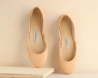 Apricot Nude Leather Ballet Flats | Minimal Shoes | Pointe Style Shoes | Classic Model | Standard Width | Apricot Nude | Ready to Ship