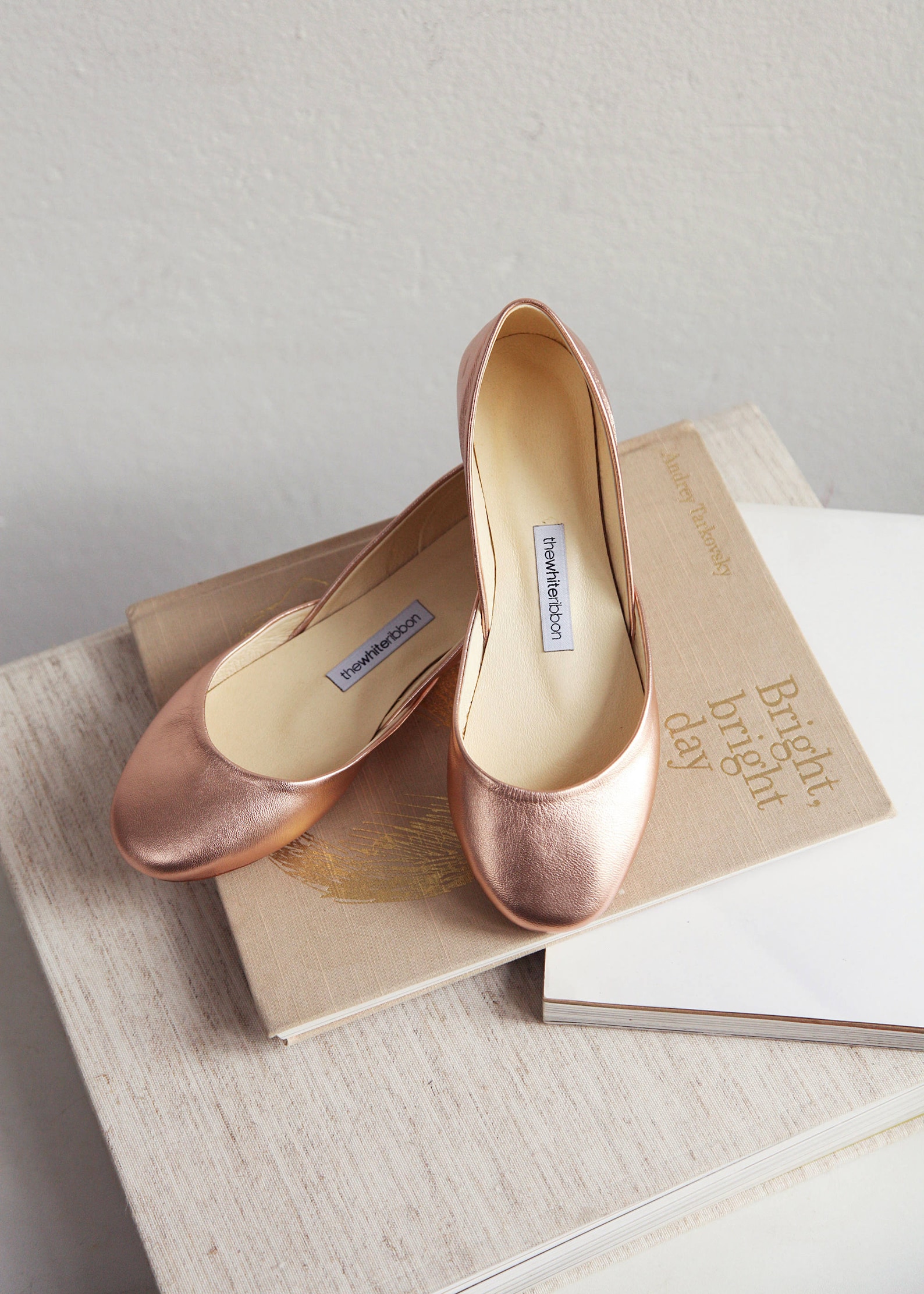 metallic rose gold ballet flats | bridal wedding shoes | pointe style shoes | classic model | standard width | rose gold | ready