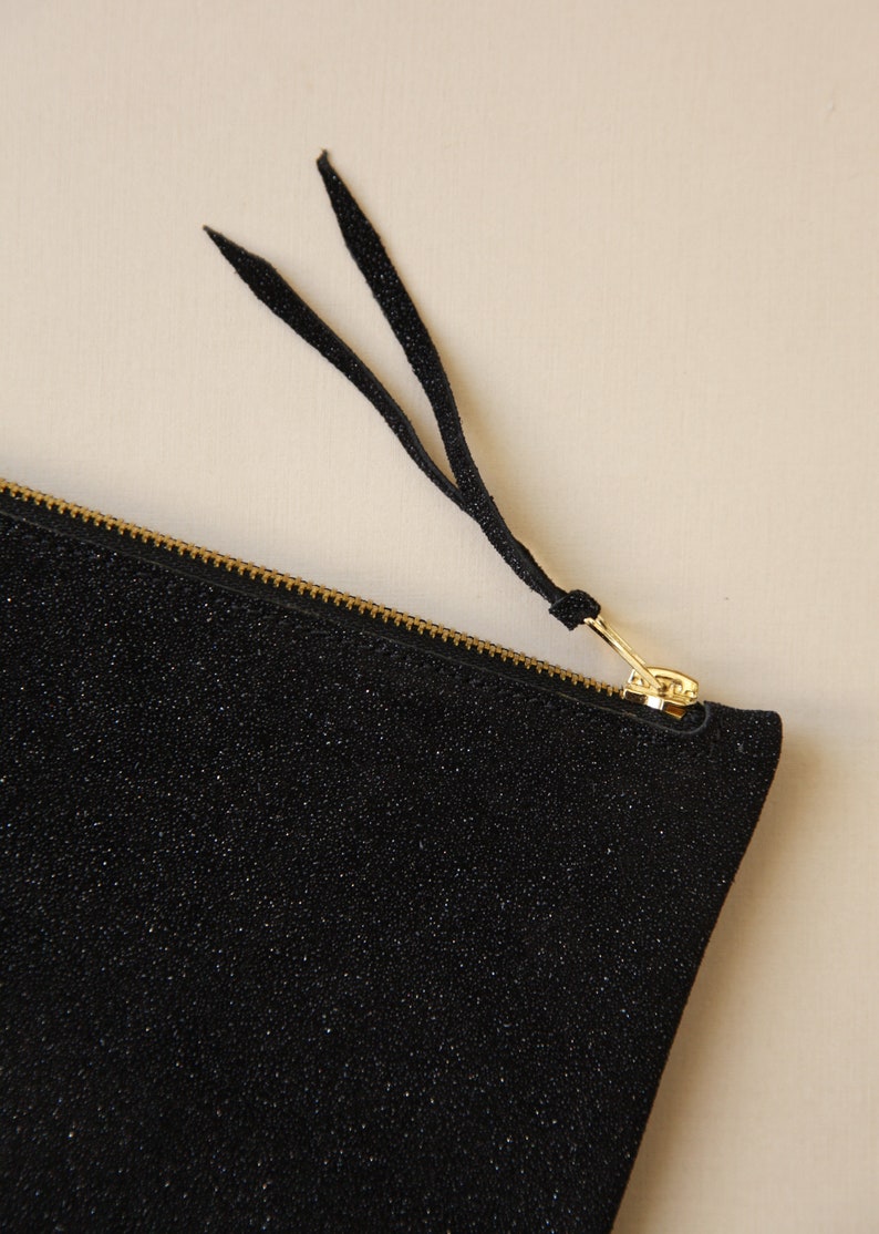 close up shot of a sparkling black leather clutch
