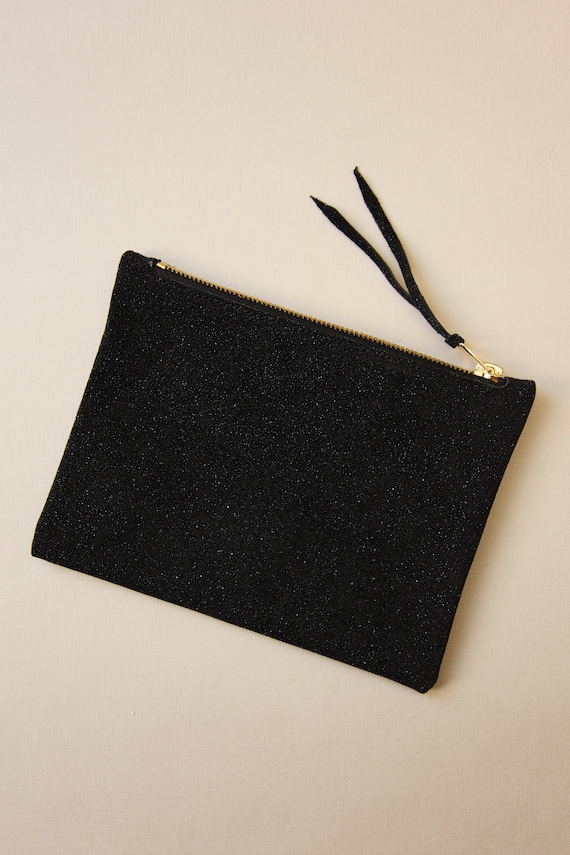 Black Sparkle Leather Clutch: Elegant Makeup Purse, Brass Zip