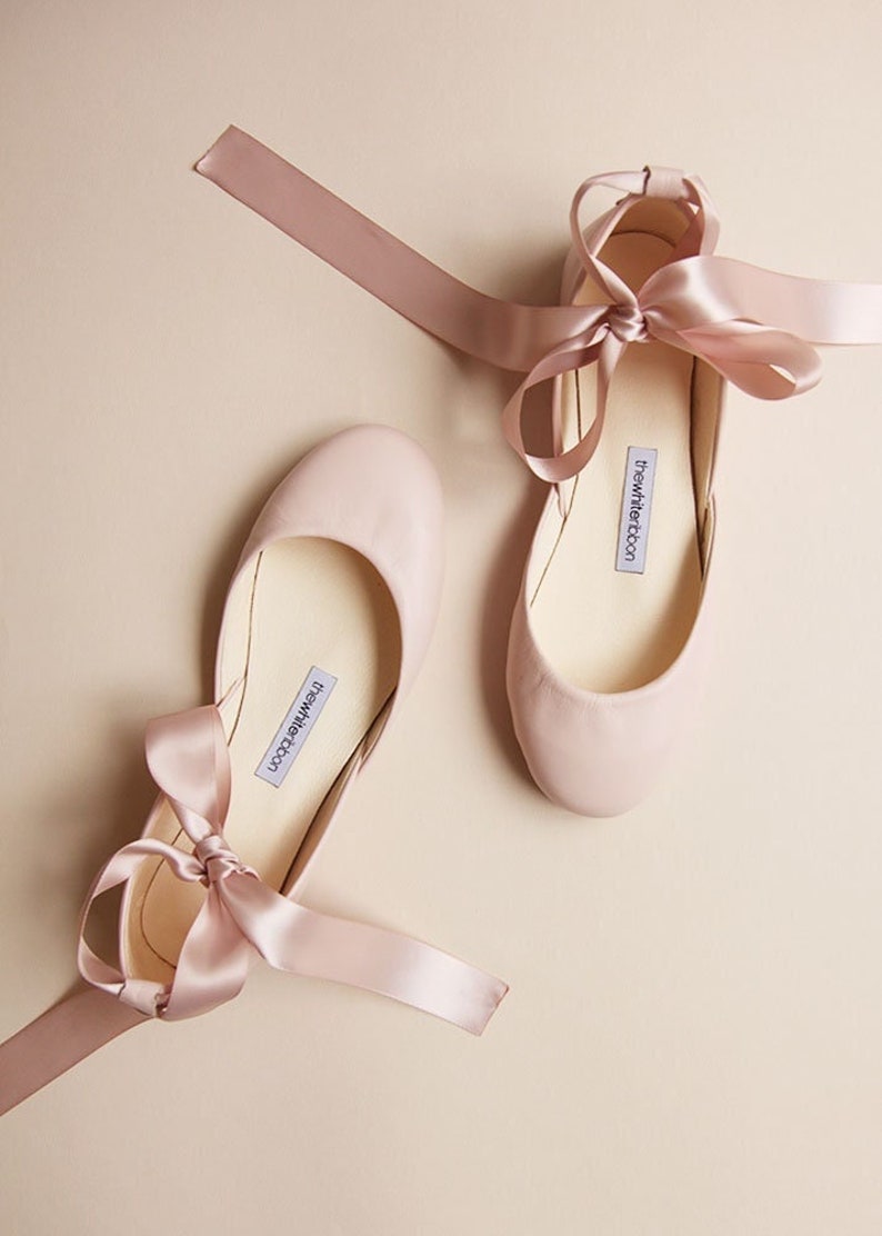 Blush Bridal Ballet Flats, Ballerina Style Wedding Shoes, Pumps with Satin Ribbons & Ankle StrapsLuna in Blush image 1