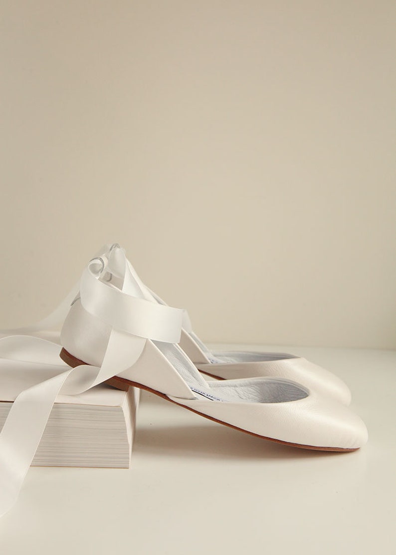 Pearl Ivory Leather Ballet Flats with Satin Ribbons image 1
