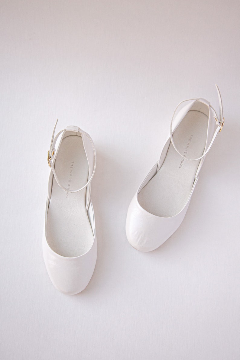 Ivory Wedding Ballet Flats, Shoes for Brides, Bridal Mary Janes with Satin Ribbons & Ankle AtrapsLuna in Pearl Ivory image 8