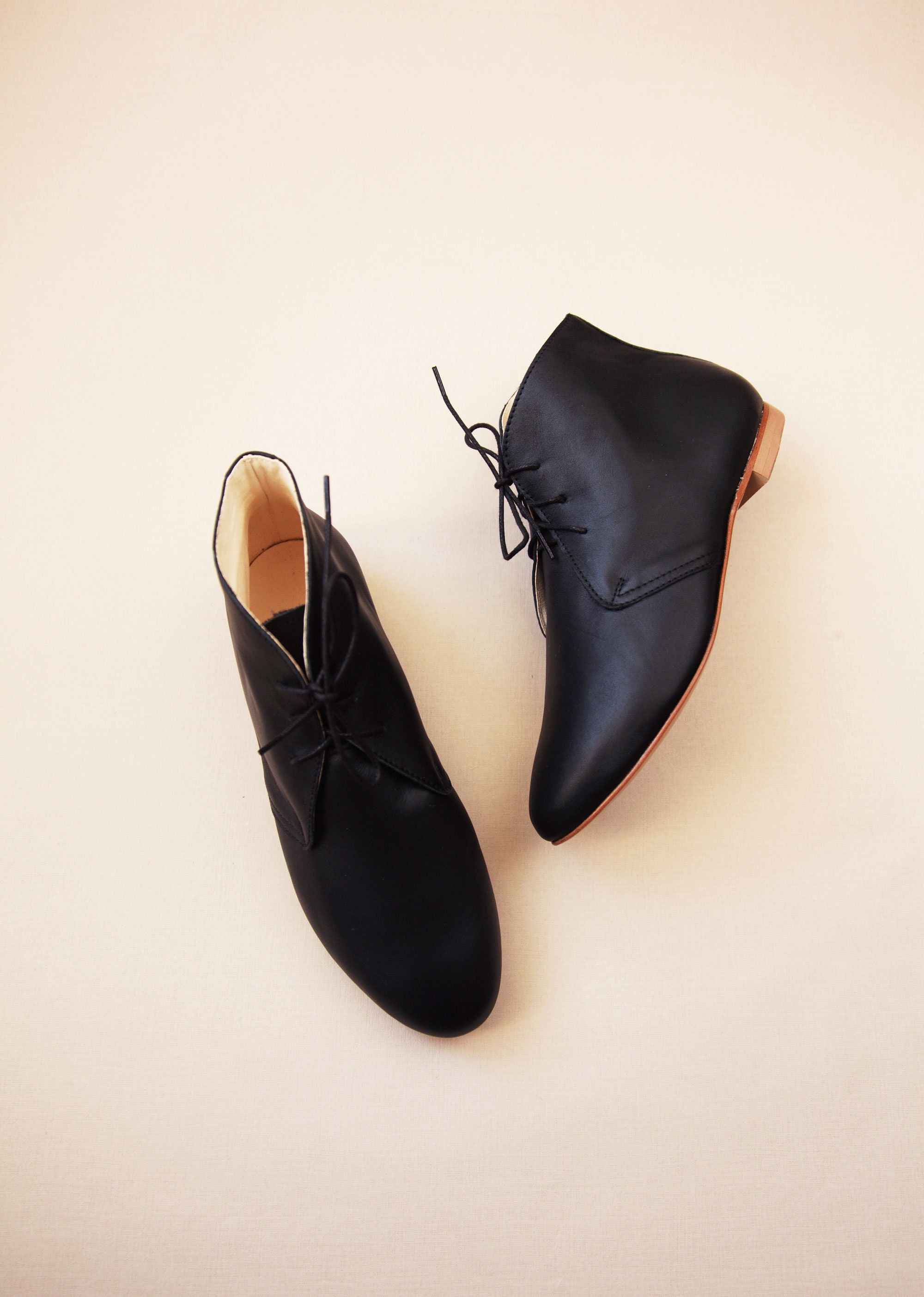 Black Leather Ankle Boots, Low Heel Ankle Booties, Short Boots, Women's Flat Shoes - Lea
