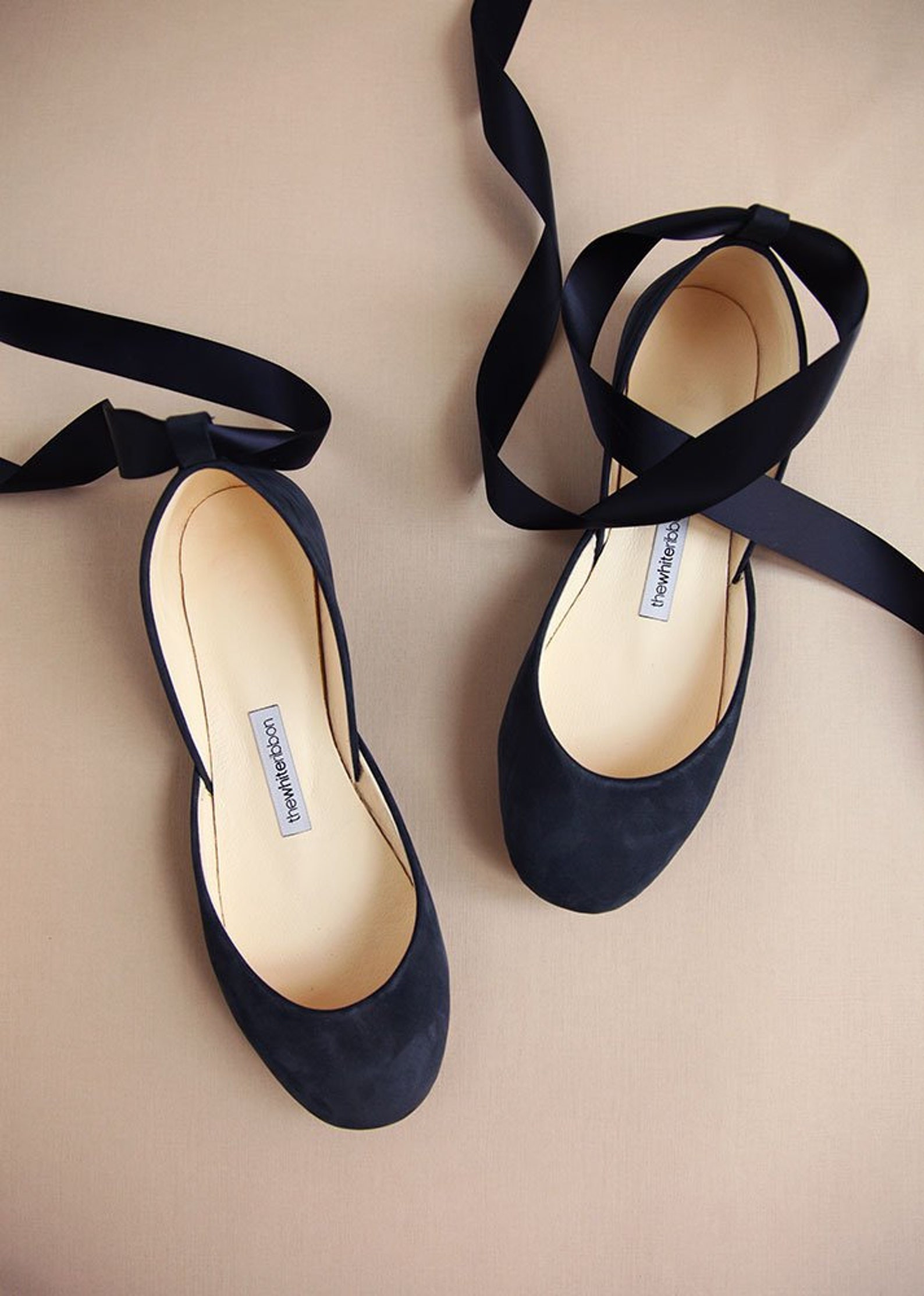 the navy blue wedding ballet flats | bridal shoes with satin ribbons | pointe style shoes ... navy nubuck ... ready to ship