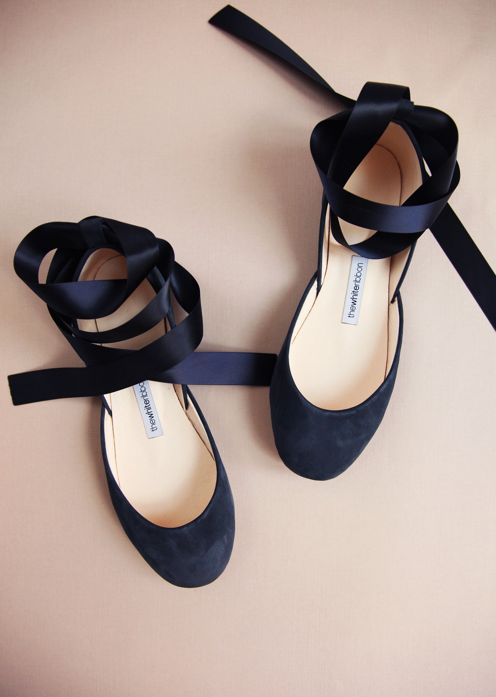 the navy blue wedding ballet flats | bridal shoes with satin ribbons | pointe style shoes ... navy nubuck ... ready to ship