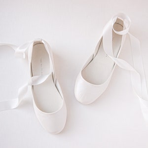 Ivory Wedding Ballet Flats, Shoes for Brides, Bridal Mary Janes with Satin Ribbons & Ankle AtrapsLuna in Pearl Ivory image 7