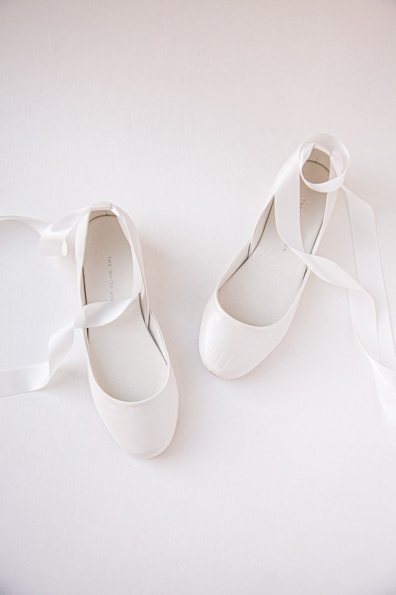 Ivory Wedding Ballet Flats, Shoes for Brides, Bridal Mary Janes with Satin Ribbons & Ankle AtrapsLuna in Pearl Ivory image 7