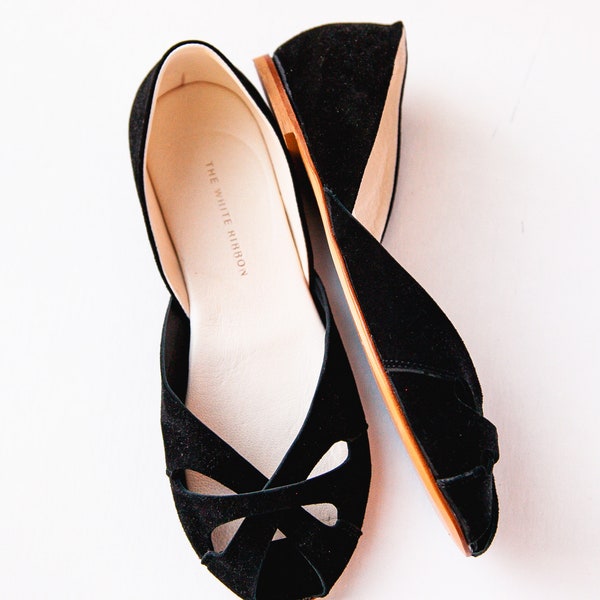 Black Open Toe Sandals, Black Ballet Flats, Velvet Peep Toe Shoes・Ella in Black Nubuck