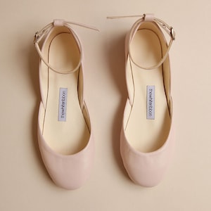 Pair of blush smooth leather ballerinas with ankle straps shown from top