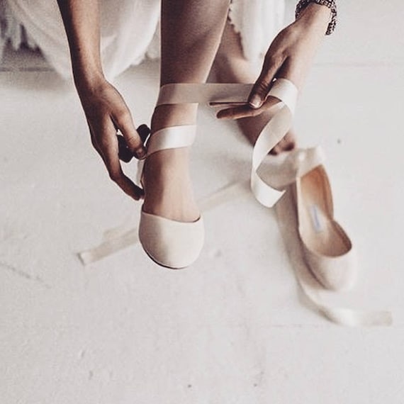 Nude Wedding Flat Shoes, Ballet Flats With Satin Ribbons Nude Wedding Flat Shoes, Ballet Flats With Satin Ribbons
