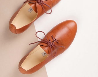 Brown Leather Saddle Shoes Tan Derby Shoes Oxford Flats Low Heel Flatsamira in Cognac Brown Etsy