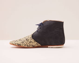 Handmade Leather Ankle Boots | High Fashion Casual Day Shoes | Ankle Height Booties | Navy Floral | Last Pair size 37 | Ready to Ship