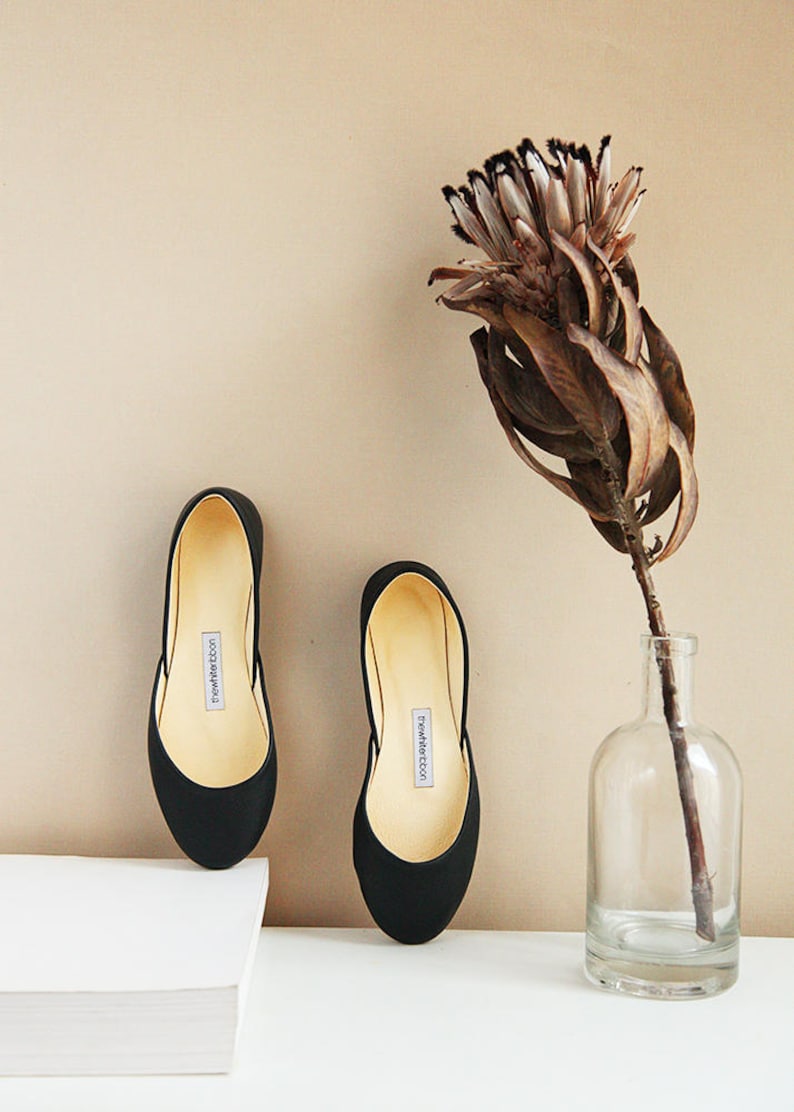 Black Leather Ballet Flats, Ballerina Pumps, Minimalist Summer Shoes - THEA