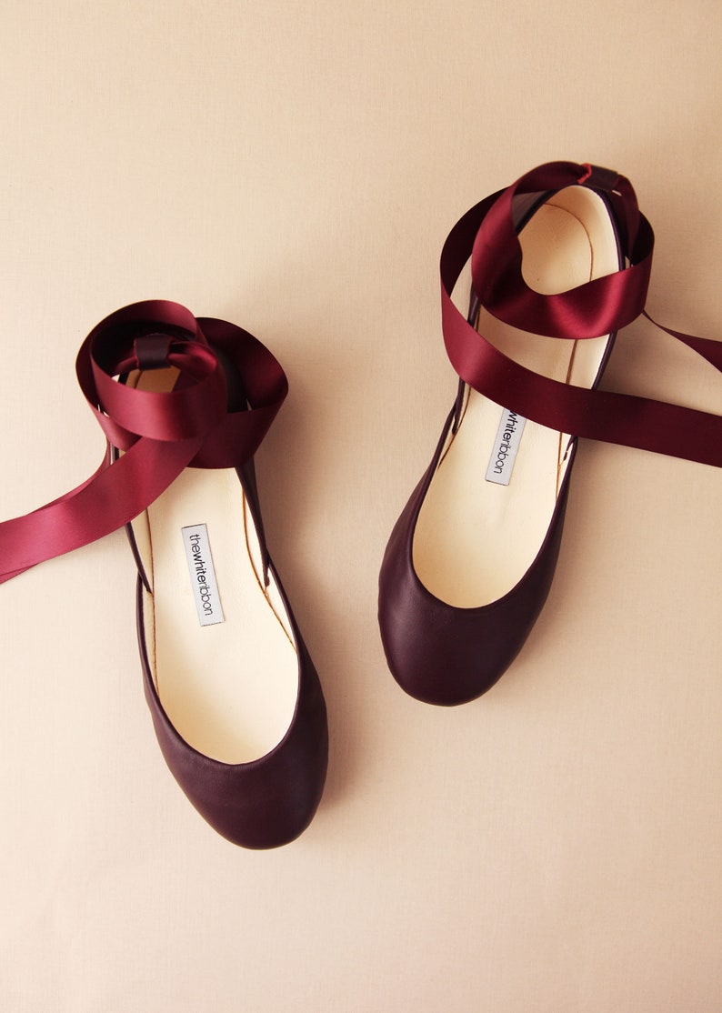 Bordeaux Ballet Flats, bridal wedding shoes, dark red ballet flats, lace up shoes with satin ribbons & ankle straps - LUNA 
