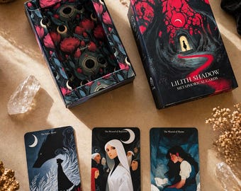 May include: A tarot card deck titled "LILITH SHADOW METAPHORICAL CARDS" with a black box featuring a red and black forest design. Three cards are displayed, each with unique illustrations and titles: "The Inner Beast," "The Wound of Rejection," and "The Wound of Shame."