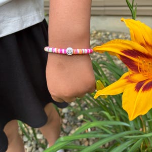 Smiley Face Clay Bead Bracelet – Pink, Light Blue & Orange Pastel Beads