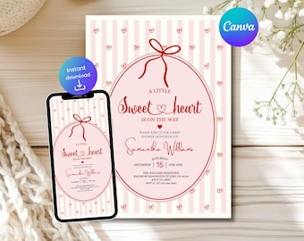 Valentine Baby Shower Invitation, A Little Sweetheart Is On The Way, Pink Striped Bow Heart Invite Template