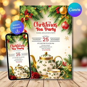 Könnte beinhalten: Eine Einladung zur Christmas Tea Party mit festlichem Design. Die Einladung zeigt eine Teekanne und eine Teetasse, verziert mit goldenen Akzenten und floralen Mustern. Das Design umfasst Weihnachtsschmuck, Tannenzweige und den Text "Christmas Tea Party". Ein Smartphone zeigt die gleiche Einladung.