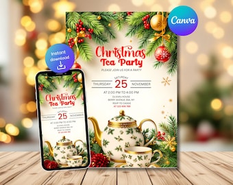 May include: A Christmas Tea Party invitation with a festive design. The invitation features a teapot and teacup, adorned with gold accents and floral patterns. The design includes Christmas ornaments, pine branches, and the text "Christmas Tea Party". A smartphone displays the same invitation.