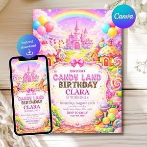 Könnte beinhalten: Eine farbenfrohe Candy Land-Geburtstagseinladung mit einem skurrilen Schloss, Regenbogen und Süßigkeiten-Dekorationen. Die Einladung enthält den Text "CANDY LAND BIRTHDAY CLARA IS TURNING 5" und Veranstaltungsdetails. Ein Smartphone zeigt das gleiche Design.