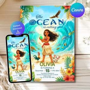 Könnte beinhalten: Eine farbenfrohe Einladung mit dem Text "The Ocean is calling you", die eine Cartoon-Illustration eines Mädchens, Delfinen und anderen Meeresbewohnern zeigt. Die Einladung ist für Olivias 4. Geburtstag, mit Datum und Uhrzeit.