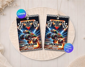 Monster Truck Thank you Tags, Monster Truck Birthday, Monster Truck Party Gift Favor Tags Template (Digital Download)