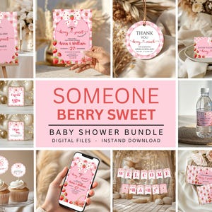 Strawberry Berry Baby Shower Bundle, Berry Sweet Baby Shower Invite Template, Coquette Bow & Strawberry Theme