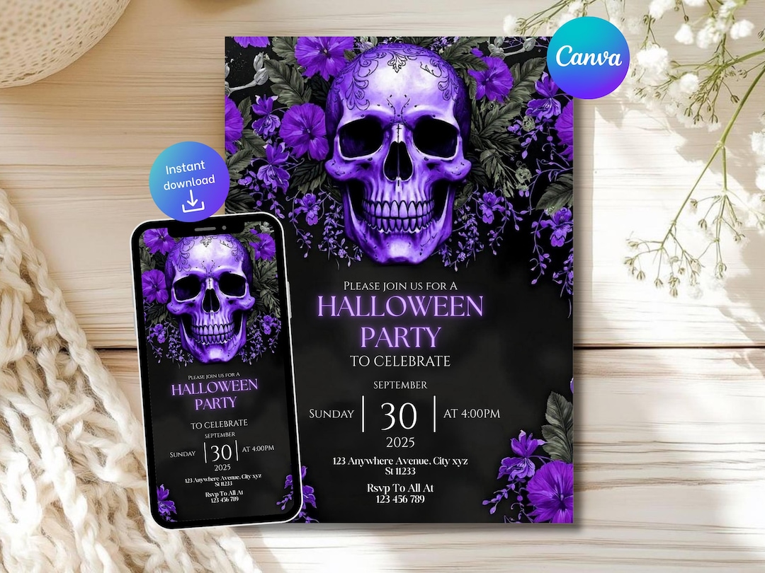 Editable Gothic Halloween Invite, Halloween Party Invite, Skull ...